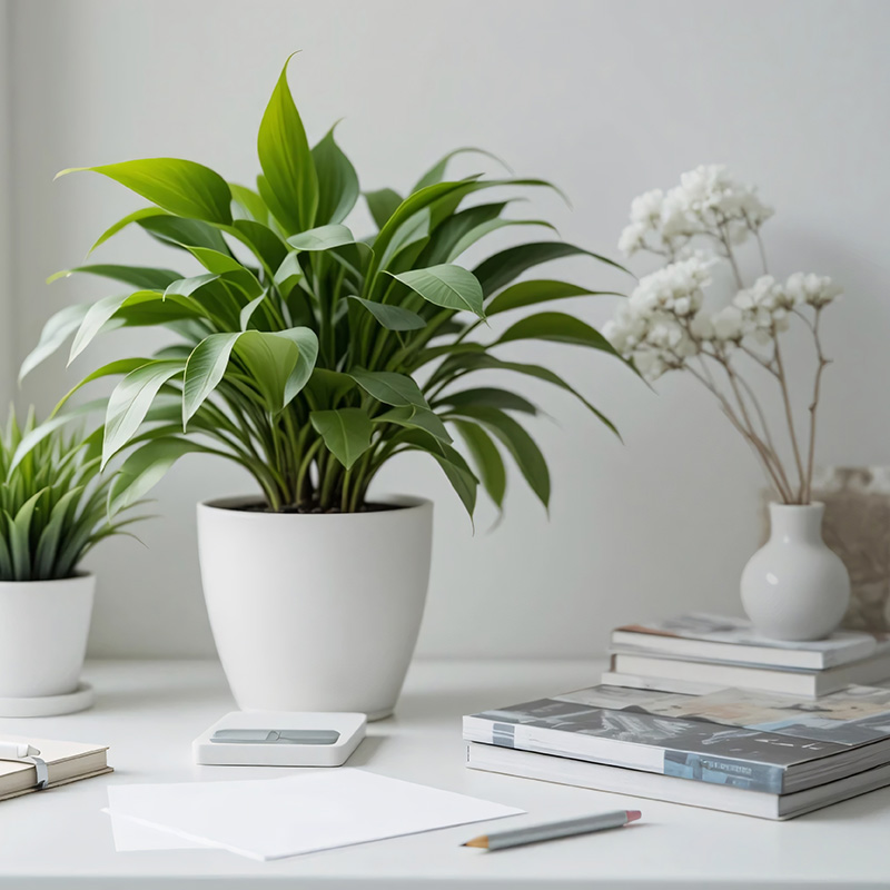 Plants on a desk with notebooks and flowers